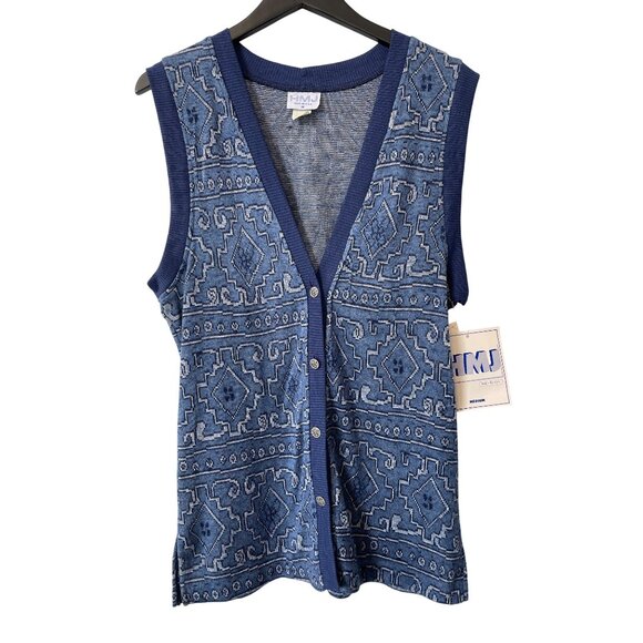 Vintage 80s HMJ Sweater Vest Size Medium Geometric Button Front Deadstock NEW - Picture 1 of 9